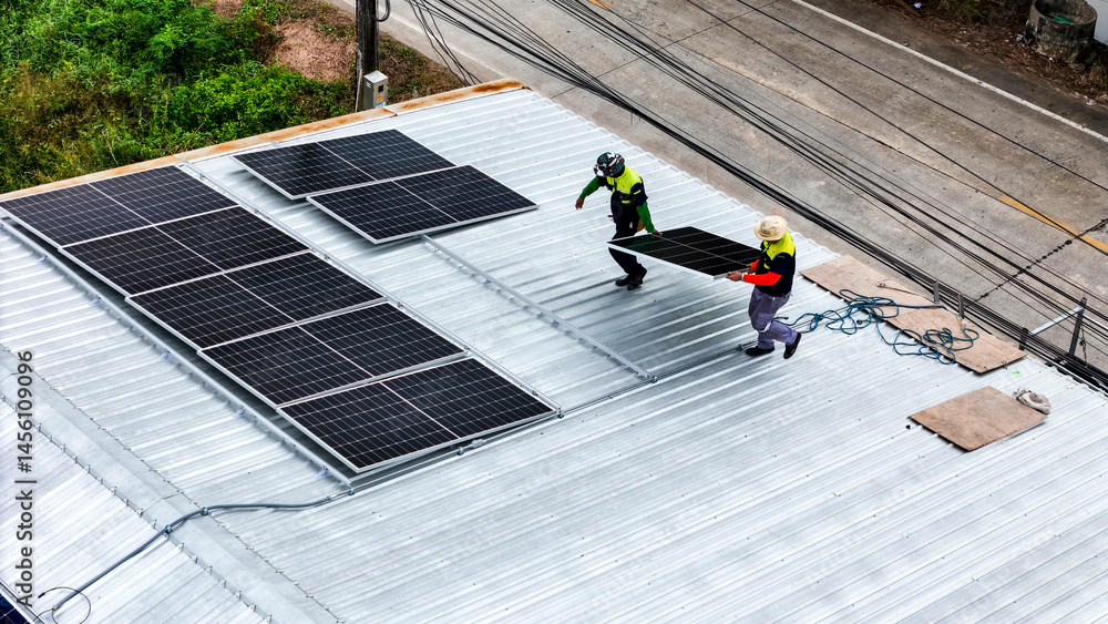 custom made wallpaper toronto digitalA sustainable energy project featuring solar panels on a roof surrounded by tropical trees, highlighting renewable energy efforts and the integration of green technology into rural areas.