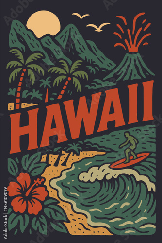 Hawaii Landscape with Surfer and Volcano Graphic Illustration