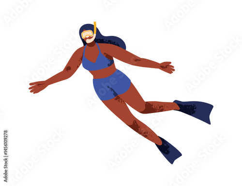 Diver snorkeling underwater. Black woman swimming under water with diving mask, glasses, goggles and tube, flippers on marine summer vacation. Flat vector illustration isolated on white background