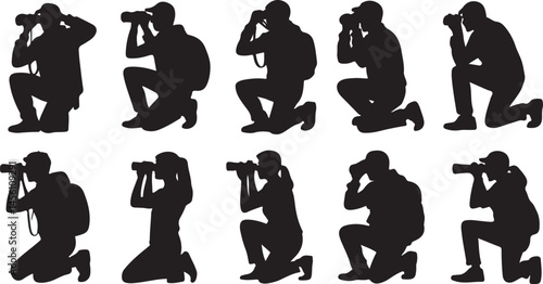Silhouette Set of Photographers with Cameras Kneeling for Adventure Travel and Creative Photography Themes