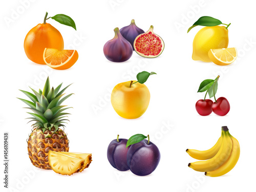 Realistic fresh fruits. Ripe summer sweet fruit 3d isolated object, pineapple plum citrus lemon orange cherry healthy organic food dessert juicy fruity exact vector illustration