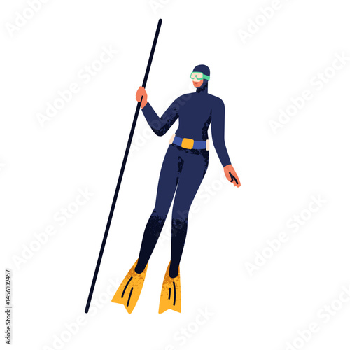 Freediver in deep sea, holding rope. Free diving in wetsuit, mask, goggles, fins. Female diver underwater undersea, freediving with cord. Flat vector illustration isolated on white background