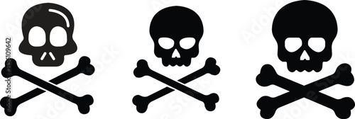 Set of Black Death, danger or poison flat icons. Crossbones Skull Human shapes. Satanic imagery. Horror icons. Mortality symbols. Occult, Demon, Rock and roll Logos