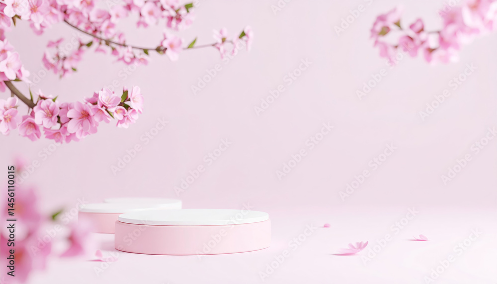 serene display featuring minimalist podium surrounded by delicate pink cherry blossoms, creating tranquil atmosphere perfect for showcasing cosmetic products. soft colors and floral elements evoke serene display featuring minimalist podium surrounded by delicate pink cherry blossoms, creating tranquil atmosphere perfect for showcasing cosmetic products. soft colors and floral elements evoke