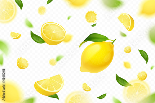 Realistic falling lemons. Flying citrus 3d fruit fall piece, juicy yellow orange ripe lemon fly slice fresh lemonade summer banner, drink advertising exact vector illustration