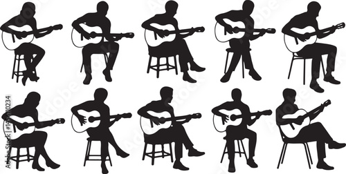 Musicians playing acoustic guitar in various sitting poses