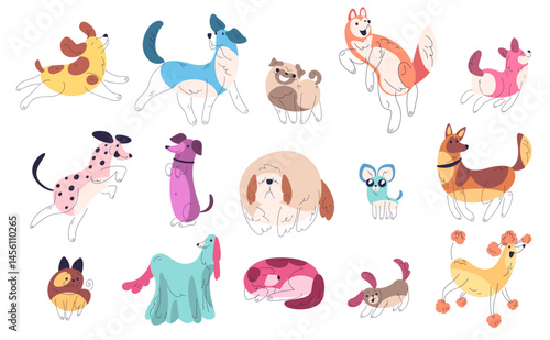 Doodle dogs poses. Cute dog puppy line icon, funny pet domestic animal sketch characters pattern watercolor art design pretty doggy colorful pets cartoon classy vector illustration