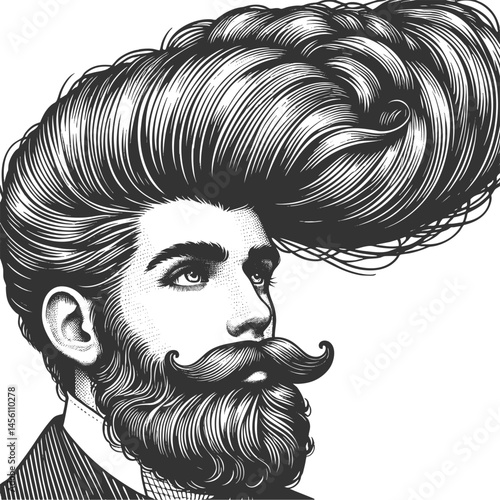 gentleman with an incredibly large, curly hairstyle, blending humor, surrealism, and vintage artistic style sketch engraving generative ai vector illustration. Scratch board. Black and white image.