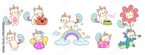 Unicorn cats. Cute caticorn sticker, kawaii kitten with horn rainbow doodle pet animal cartoon kitty character for baby girl adorable funny kittens set, classy vector illustration