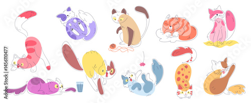Doodle cats poses. Cute kitten outline icon, funny cartoon cat character pattern line art action poses sketch design kitty fashion animal domestic pets, classy vector illustration
