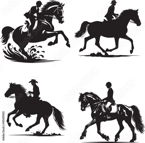 Black and White Silhouettes of Horse Riders: Trotting, Galloping, and Mounted Equestrian Poses on White Background