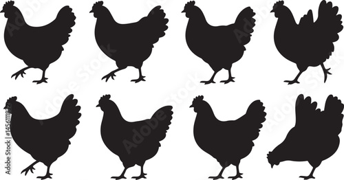 Collection of various chicken silhouettes representing farm poultry and agriculture themes