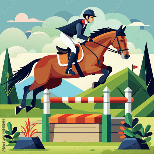 A man is riding a horse over a jump. The horse is brown and the man is wearing a green jacket. The sky is blue and there are trees in the background