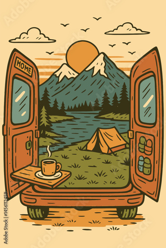 Open Van Doors Reveal Camping Scene with Mountain Lake View