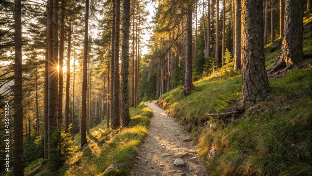 Fototapeta premium A serene forest path illuminated by sunlight, surrounded by tall trees and lush greenery, inviting exploration and tranquility.