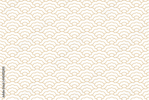 Elegant, seamless Art Nouveau seamless pattern with scallop shape and gold line in wave form. Vector illustration.