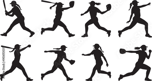 Female softball player silhouettes for sports game and athletic themes