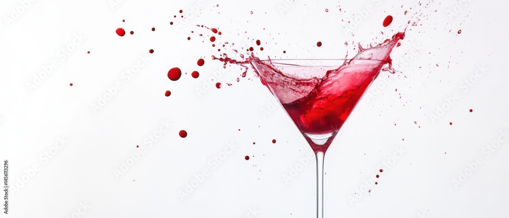 Fototapeta premium Vibrant red cocktail splashing dramatically in a martini glass against a clean white background, showcasing celebration, refreshment, and dynamic movement