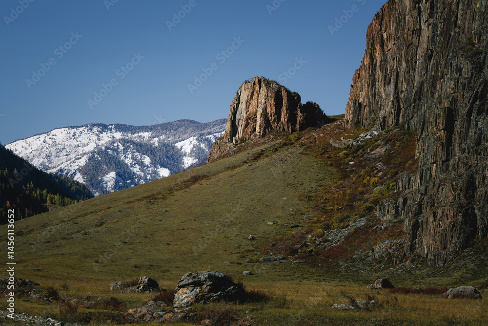 A rugged landscape with dramatic rock formations in the Altai Republic, capturing the raw and powerful essence of untamed nature.