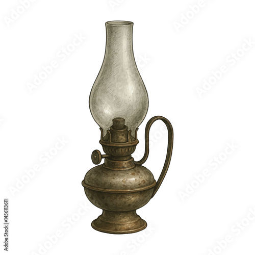 Vintage Oil Lamp Vector – Reusable Glass Lantern with Metal Base and Wick Adjuster