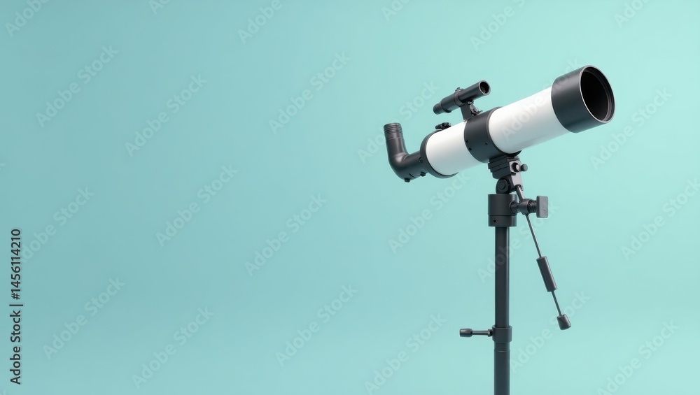 Modern telescope. White black telescope on tripod with turquoise backg Modern telescope. White black telescope on tripod with turquoise backg