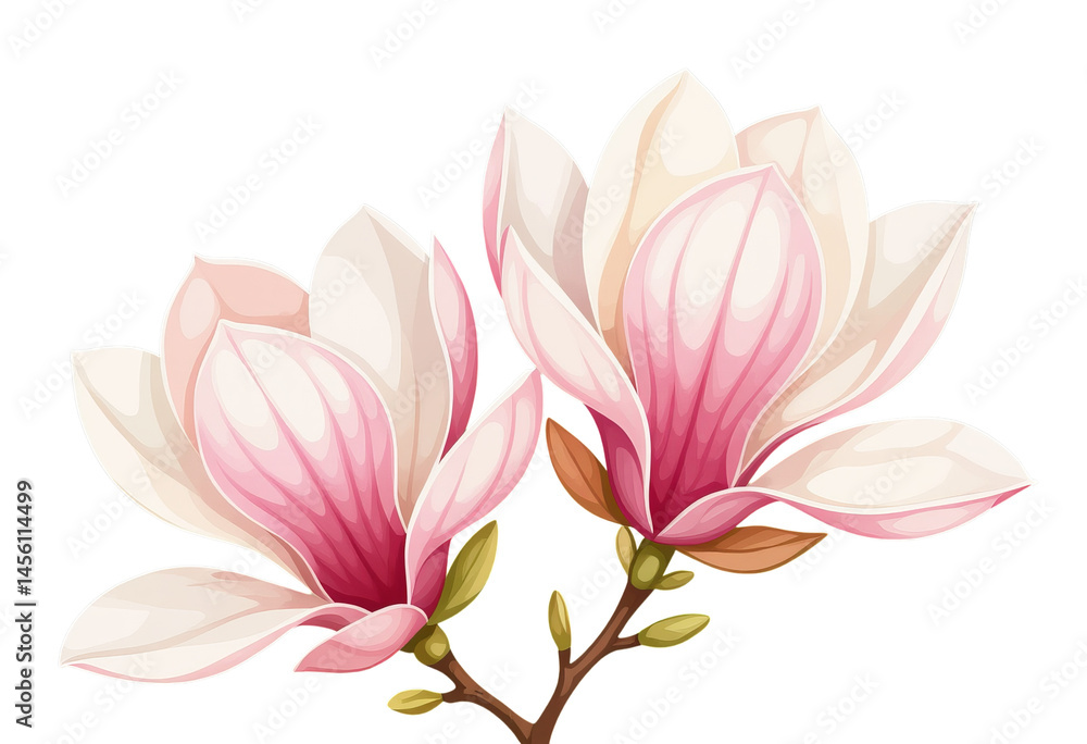 Naklejka premium Pink Magnolia Flowers on Branch, Botanical Illustration with Transparent Background