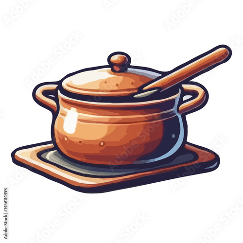 Cartoon Illustration of a Cooking Pot with a Spoon