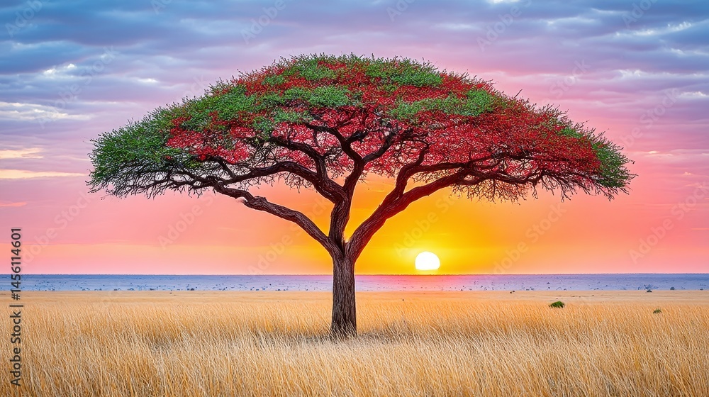 Obraz premium Majestic Tree at Sunset Over Golden Savanna