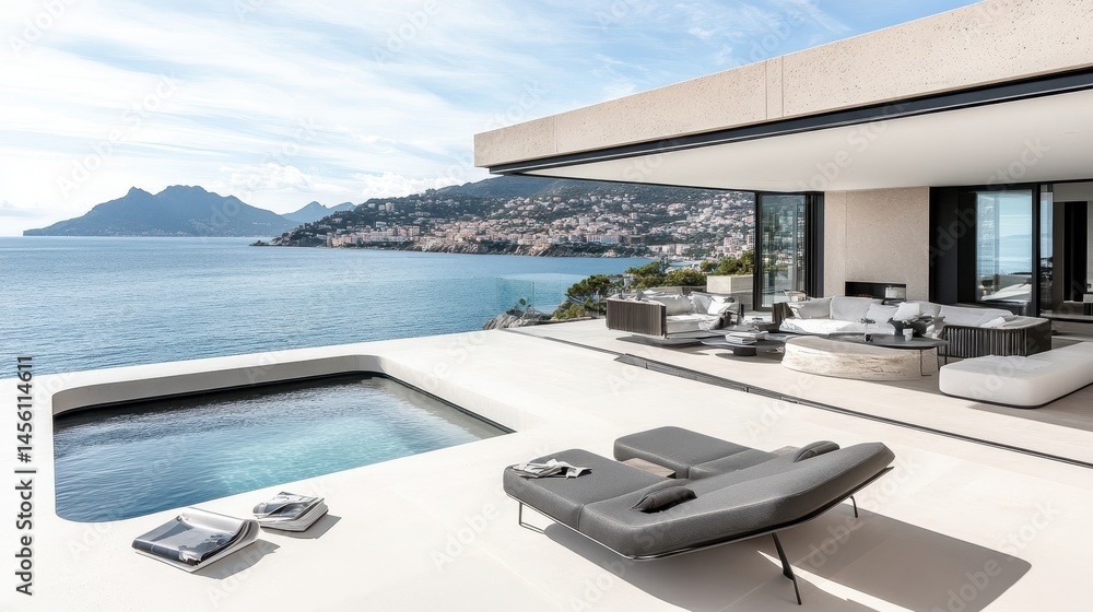 Fototapeta premium Modern luxurious villa with stunning ocean views and an infinity pool offering an idyllic getaway for tranquil relaxation and escape