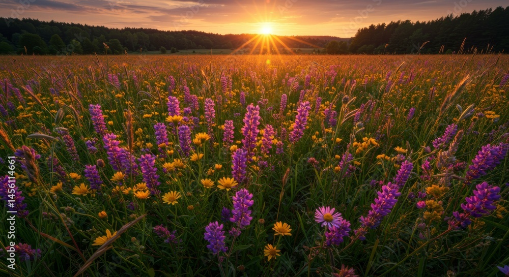 Obraz premium Flowering Meadow at Sunset with Wildflowers and Golden Light
