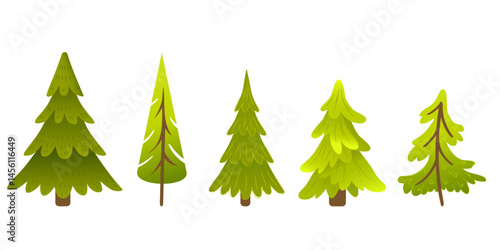 Set of cartoon fir trees. Cute green pine trees in flat style. Forest nature elements for kids design, winter decorations, game assets, woodland scenes and seasonal illustrations.