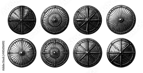 Medieval Shields in Engraved Style black and white illustration