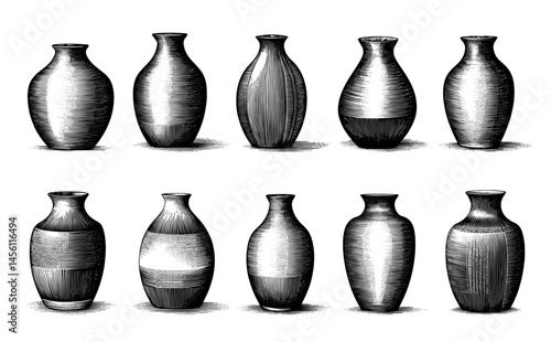  Vintage Vase Illustrations Woodblock Style black and white illustrations