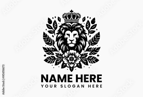 Fierce lion head with a crown of intertwined roses and thorns, heraldic vector emblem for luxury brands and elite sports teams