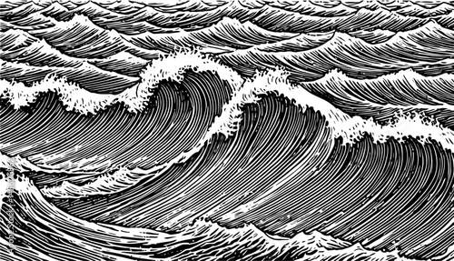 ocean wave Japanese woodblock print style black and white illustartion