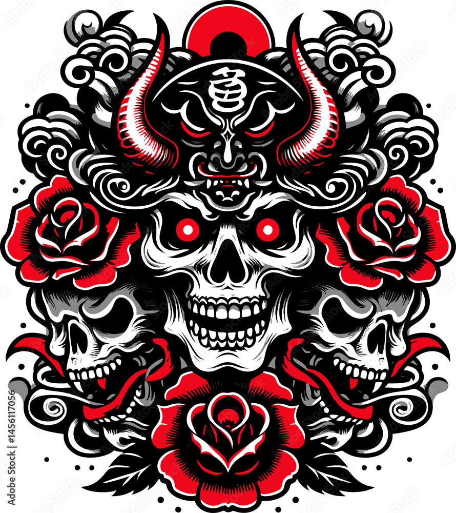 Obraz premium Bold Japanese-inspired artwork featuring a demonic skull trio, red roses, swirling smoke, and a central oni mask with red horns sketch generative ai raster illustration. Black and white image.