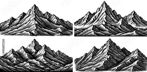 Mountain ranges woodcut illustrations black white , nature landscapes printmaking technique
