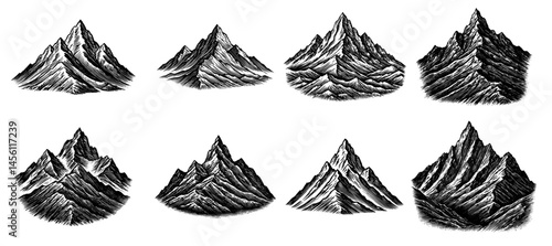 Mountain woodcut vintage hand drawn illustrations black white, peaks ranges nature printmaking style
