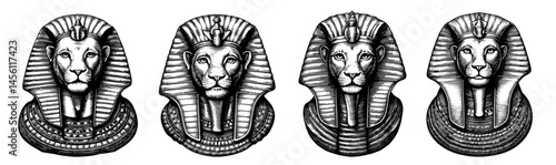 Sphinx heads Egyptian engraving illustrations in black and white