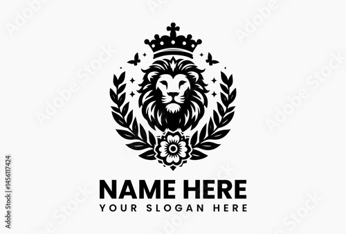 Polygonal lion head crowned with geometric lotus flowers, modern vector logo for Asian-inspired brands and spas  