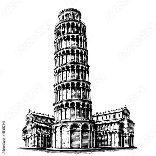Leaning Tower Pisa etching illustration in black and white, Italian landmark