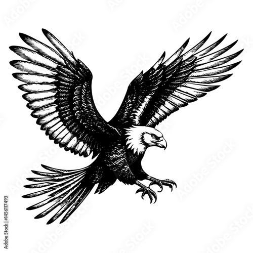 Bald eagle powerful flying with wings spread vintage woodcut black and white illustartion