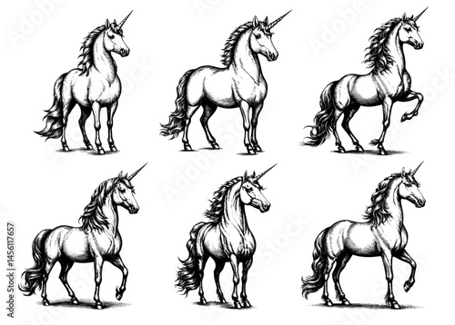 unicorns set woodcut style black and white illustration