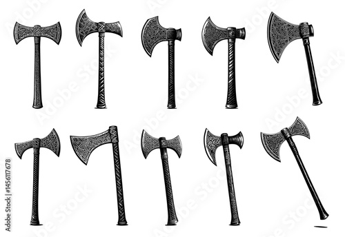 ornate axes set woodcut line drawing style black and white illustaration
