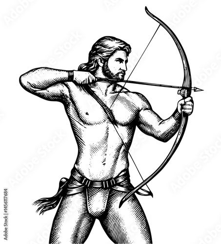 Muscular archer drawing bow engraving style black and white illustration