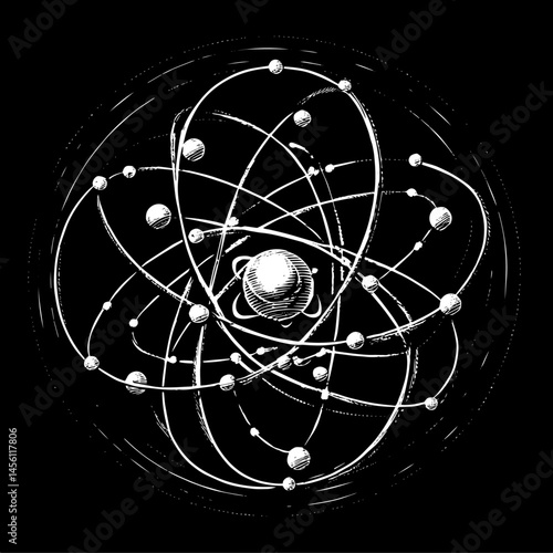 Atom sketch scientific illustration style black and white