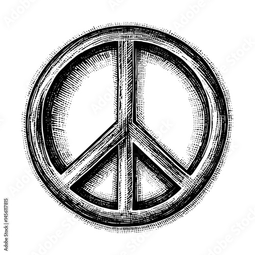Peace symbol woodblock style black on white illustration