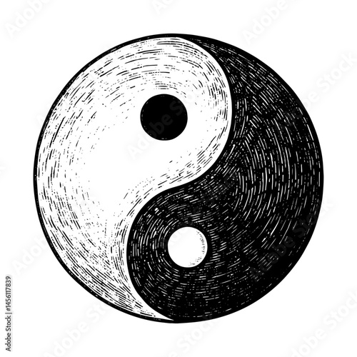 Yin Yang symbol etching style black and white illustration