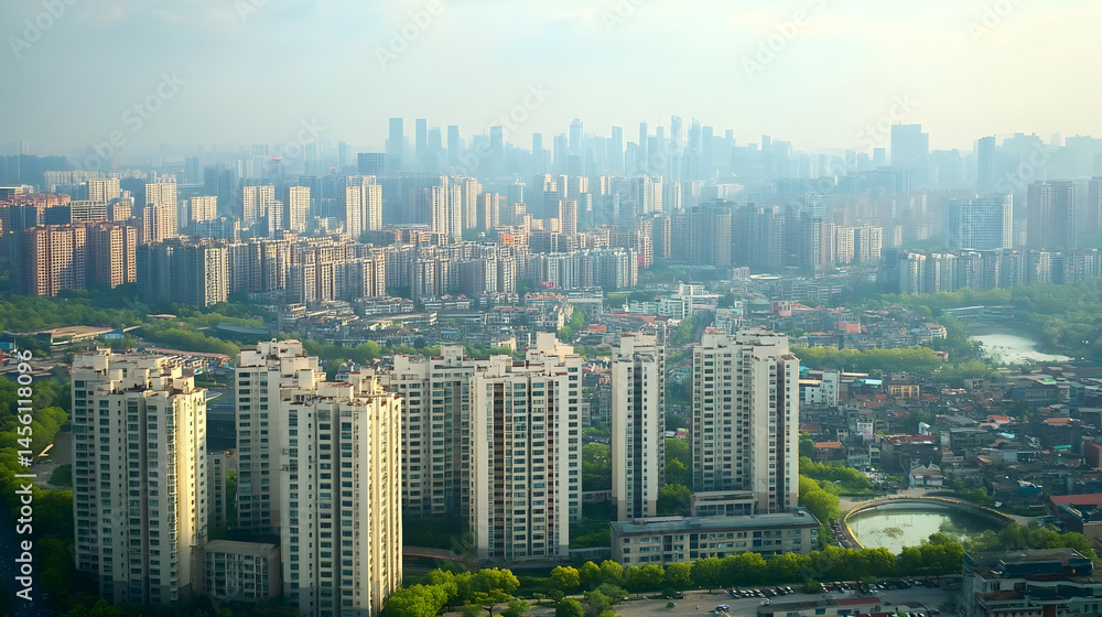 Naklejka premium Expansive Urban Panorama: Dense Apartment Blocks in a Developing Cityscape