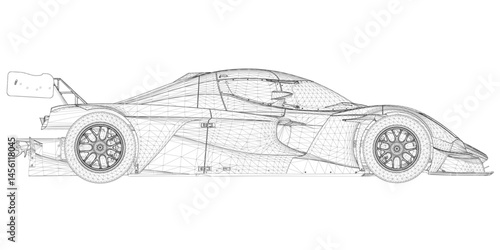 A car is shown in a black and white drawing. The car is a sports car with a long body and a large wheel. The drawing is of a futuristic car with a lot of detail. The mood of the drawing is sleek